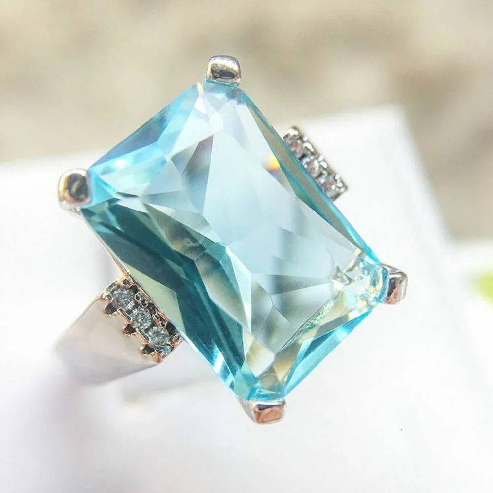 NEW Huge Aquamarine Diamond Silver Engagement Ring